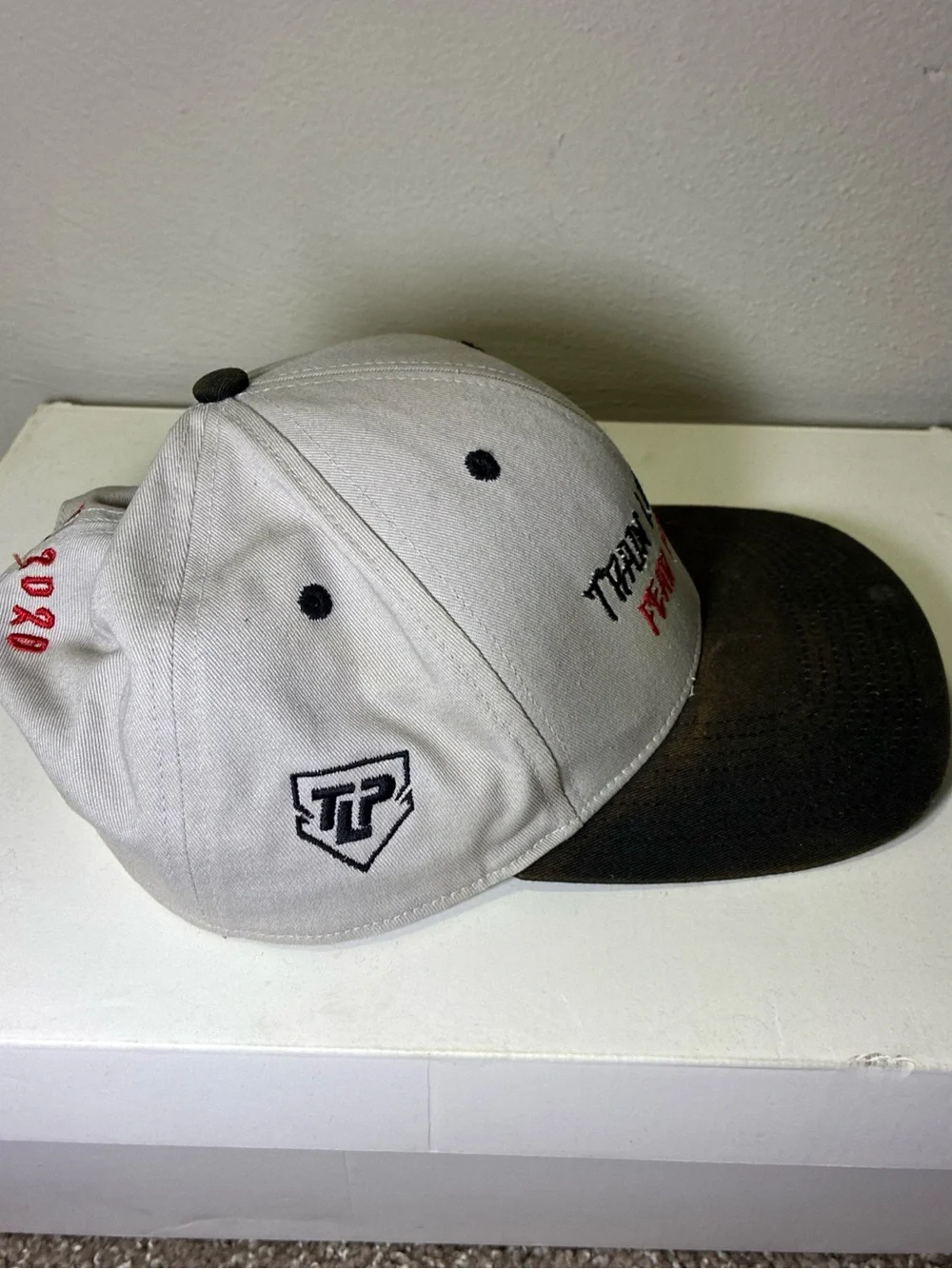 Two-Tone Black and‎ Cream Baseball Cap with Embroidered Slogan